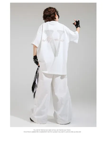 Magicdou Graphic Embroidered Oversized T-Shirt and Wide-Leg Pants Set in White with Black Accessories - 15