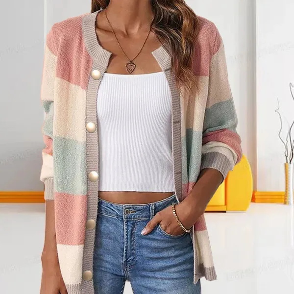 Multicolor Striped Knit Cardigan with Pearl Buttons - 1