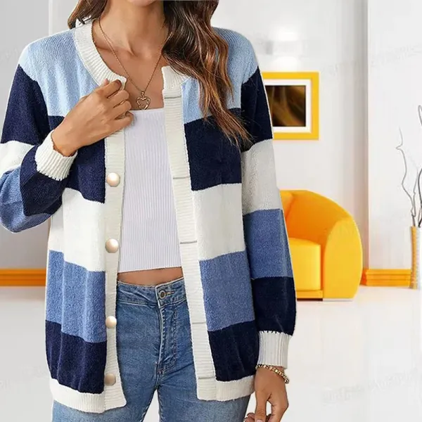 Color-Block Knit Cardigan in Navy, Sky Blue, and White - 1
