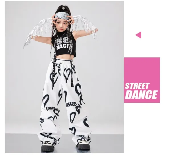 BB Magic Streetwear Set Black/White Heart Print Vest Top + Cargo Pants + Fringe Arm Warmers + Chain Necklace - 11