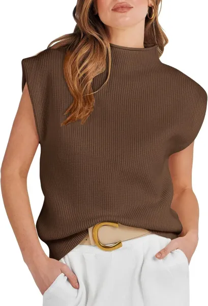 Ribbed Sleeveless Turtleneck Top in Pink Sweater - 11