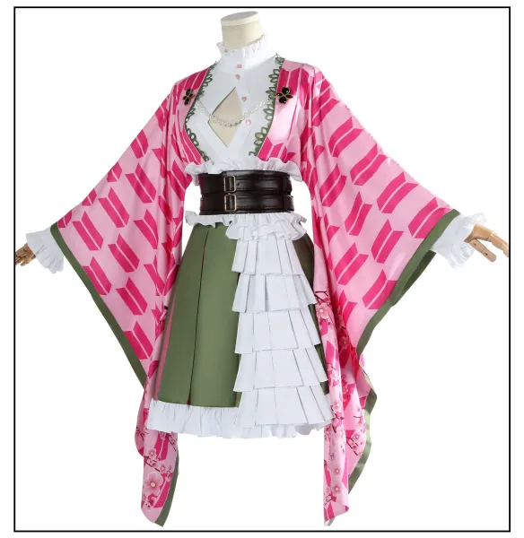 Cosplay Full Set + Wig: Pink & Green Gradient Hair, White Ruffled Shirt, Olive Skirt, Geometric Coat - 10