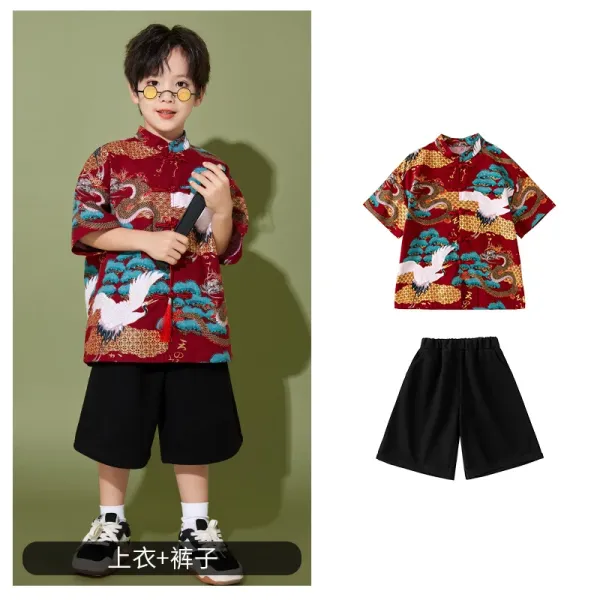 Traditional Chinese Dragon and Crane Print Shirt + Black Shorts Set - 1