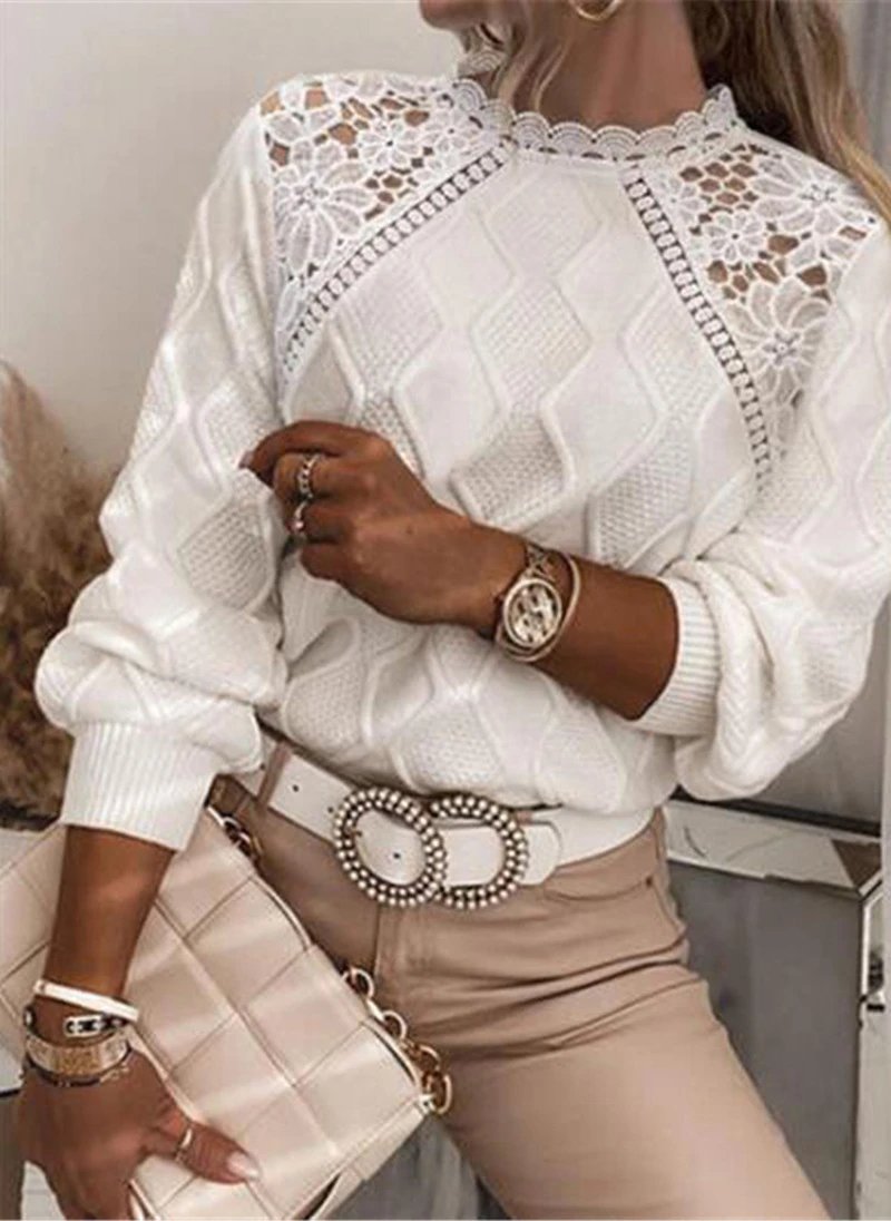 White Lace-Insert Knit Sweater with Geometric Pattern