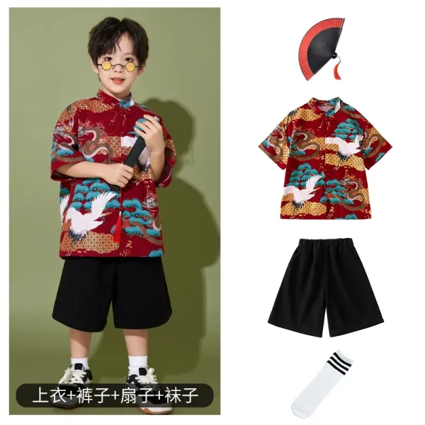 Traditional Chinese Dragon and Crane Print Short-Sleeve Shirt + Black Shorts + Fan + Striped Socks Set - 1