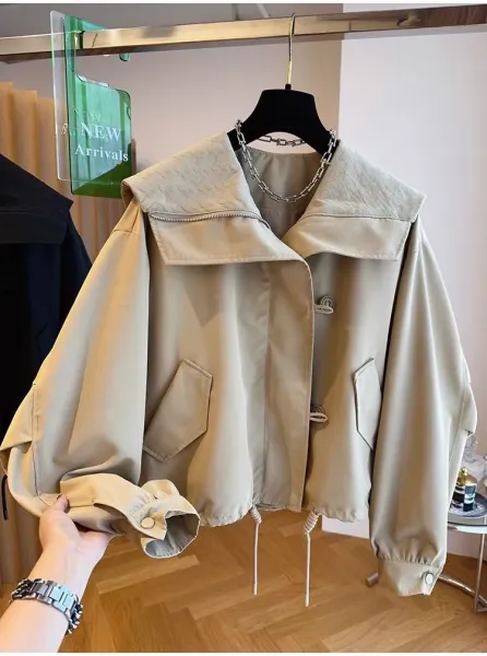 Design Oversized Collar Windbreaker Beige Outerwear - 2