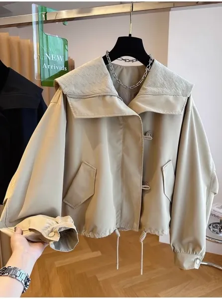 Design Oversized Collar Windbreaker Beige Outerwear - 6
