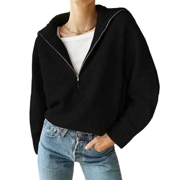 Black Ribbed Zip-Front Hooded Sweater - 1