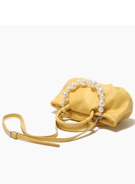 Yellow Pearl-Embellished Structured Handbag - 36