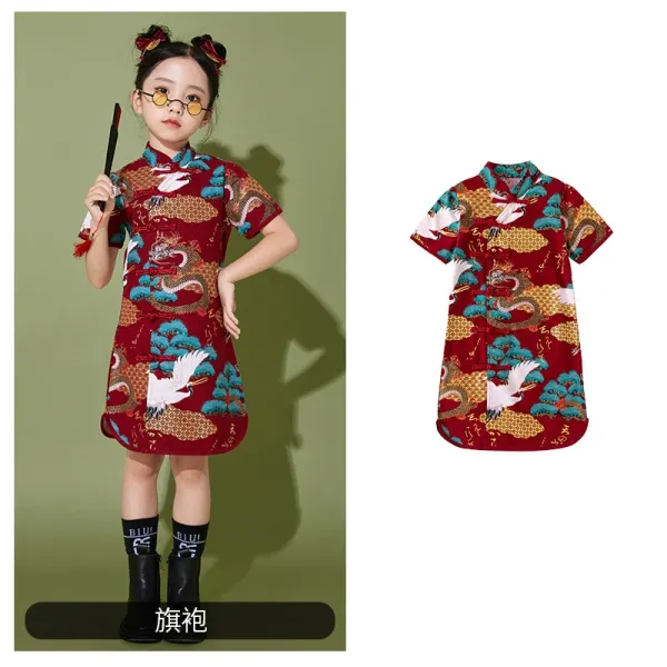Traditional Chinese Qipao Dress Red Dragon and Crane Print Kids Dress - 1