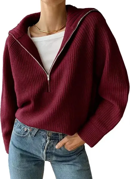 Ribbed Zip-Front Hooded Sweater in Burgundy - 1