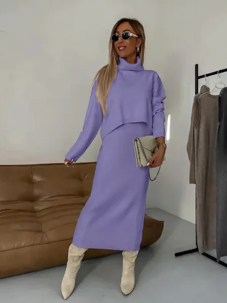 Yellow Knit Two-Piece Set with Turtleneck Top and Midi Skirt - 2