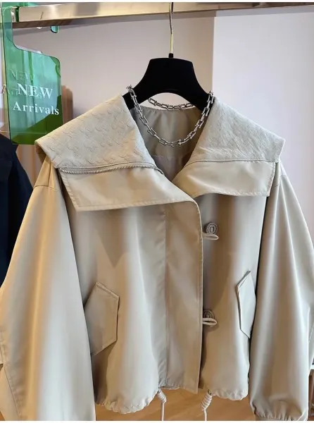 Design Oversized Collar Windbreaker Beige Outerwear - 4