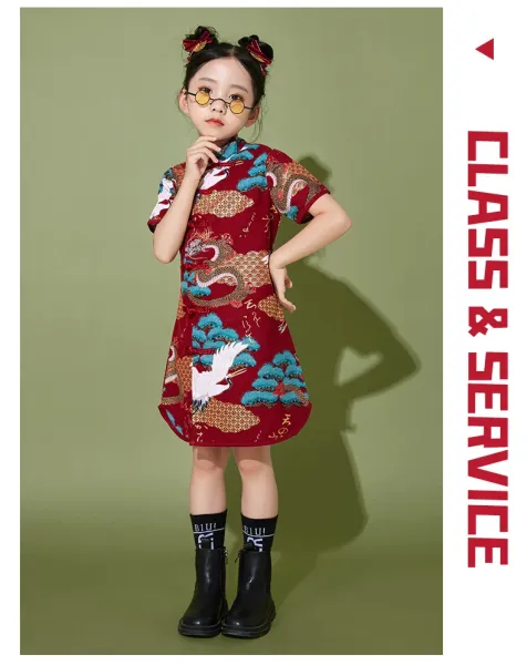 Traditional Chinese Dragon and Crane Print Shirt Set with Accessories in Red Multicolor - 14