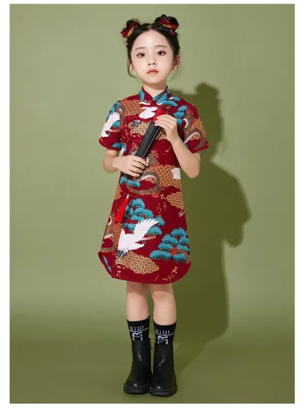 Traditional Chinese Dragon and Crane Print Shirt Set with Accessories in Red Multicolor - 18