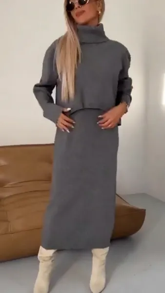 Gray Turtleneck Knit Set with Cream Slouch Boots - 1