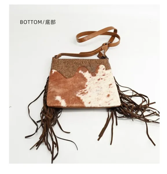 TZECHO Cowhide Fringe Crossbody Bag Brown and White - 15