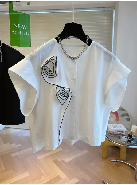 Olive Green Asymmetrical Rose-Embroidered Shirt Top - 18