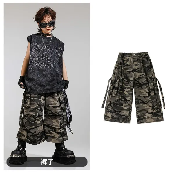 Design Camo Cargo Shorts with Side Ties Army Green Pants - 1