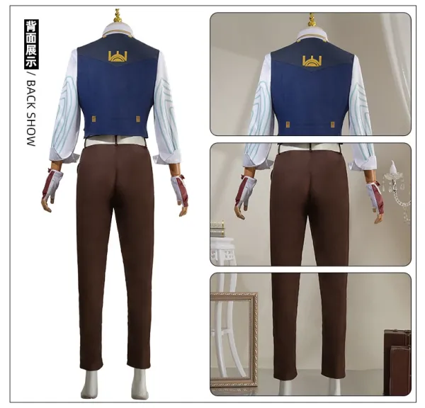 Cosplay Costume Set: White Shirt, Navy Vest, Brown Pants, Red Gloves, Tie, Belt, Chain, Glasses, Stud Earrings - 7