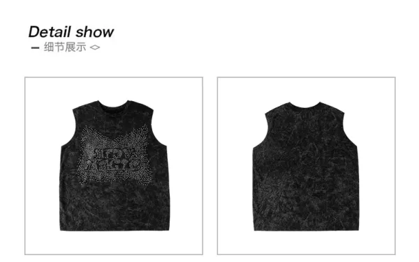 Design Streetwear Set: Acid Wash Rhinestone Vest Top + Camo Cargo Shorts + Spiked Choker + Bandana Keychain - 16