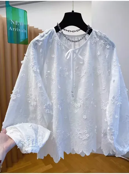 Embroidered Floral Lace Blouse White Tops - 9