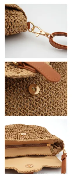 Woven Saddle Bag in Beige with Brown Leather Strap Crossbody Bag - 4