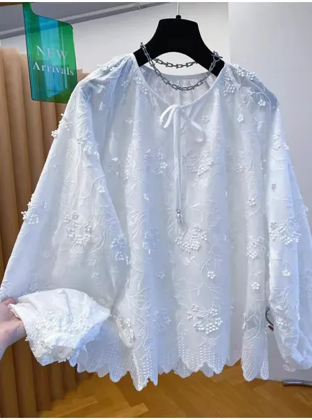 Embroidered Floral Lace Blouse White Tops - 10
