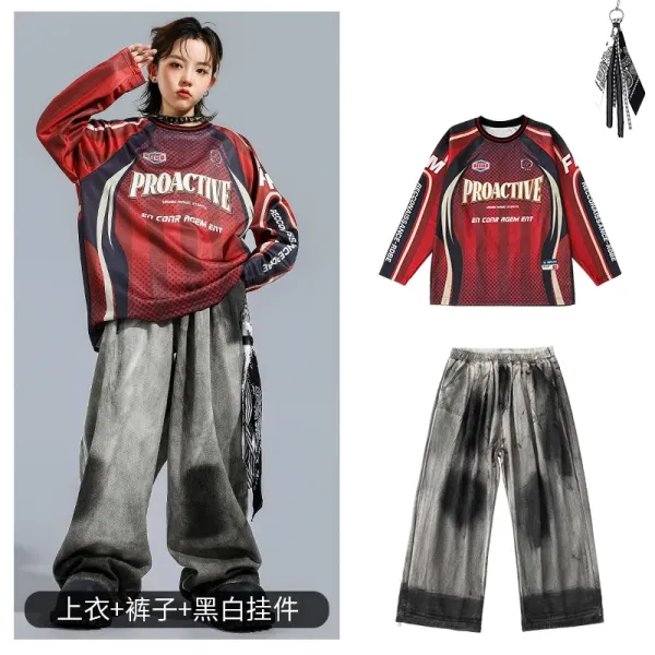 Proactive Racing Jersey + Tie-Dye Wide-Leg Pants + Black-White Tassel Keychain Set - 1