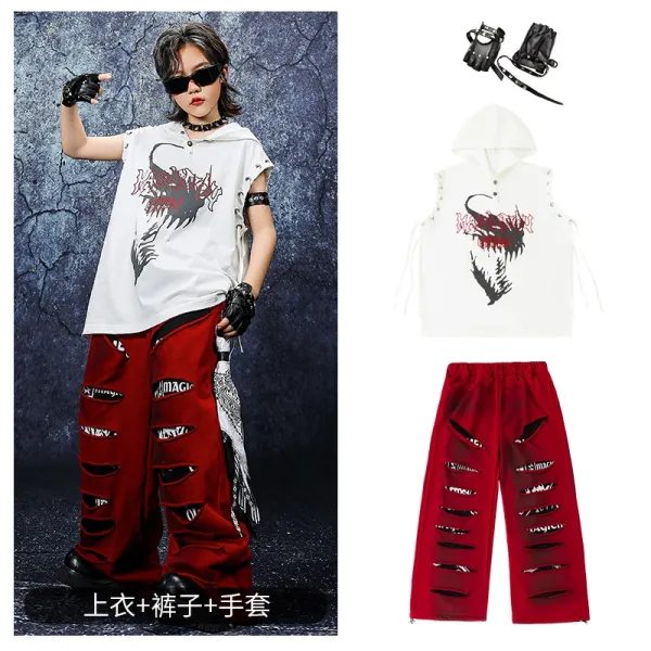 Design Streetwear Set: Dragon Print Hooded Vest + Distressed Red Pants + Fingerless Gloves - 1