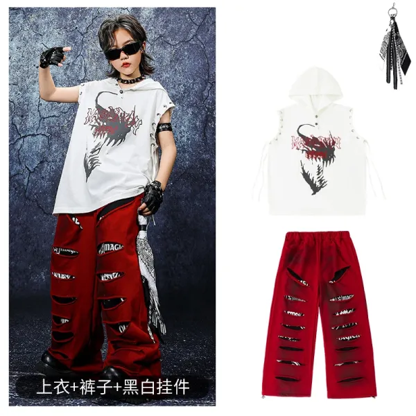 Design Streetwear Set: Dragon Print Hooded Vest + Distressed Red Wide-Leg Pants + Black-White Tassel Pendant - 1