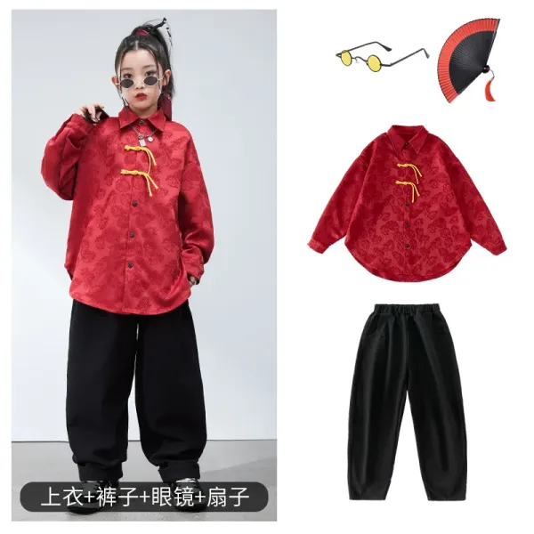 Chinese-Inspired Embroidered Shirt + Wide-Leg Pants Set in Red and Black - 1