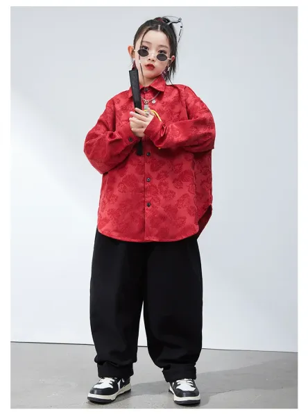 Chinese-Inspired Velvet Shirt + Satin Pants + Chain Necklace Set Red/Black - 12