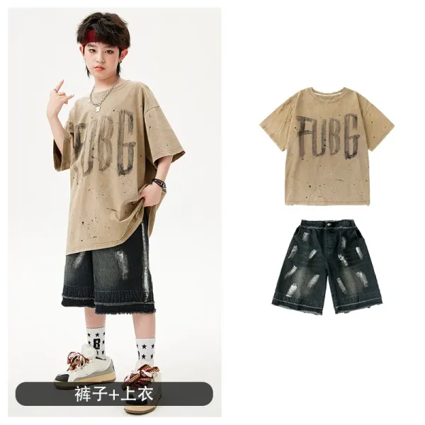 PUBG x Streetwear Oversized Graphic T-Shirt and Distressed Denim Shorts Set - 1