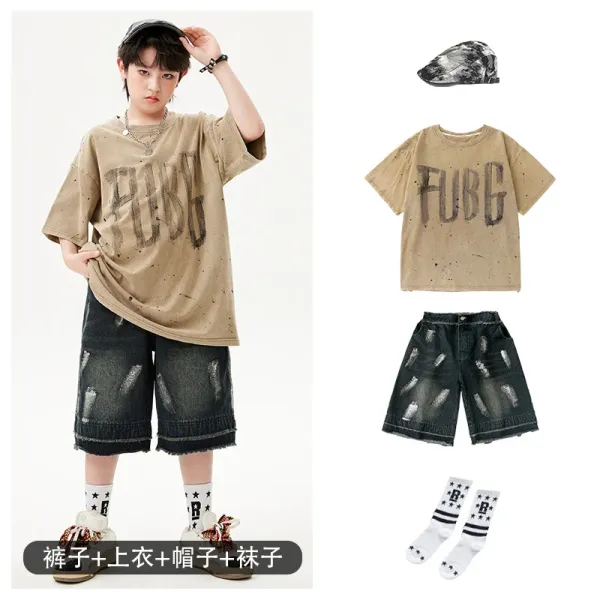 PUBG x Streetwear Oversized Graphic Tee Beige + Distressed Denim Shorts Black + Camo Cap + Star Socks Set - 1