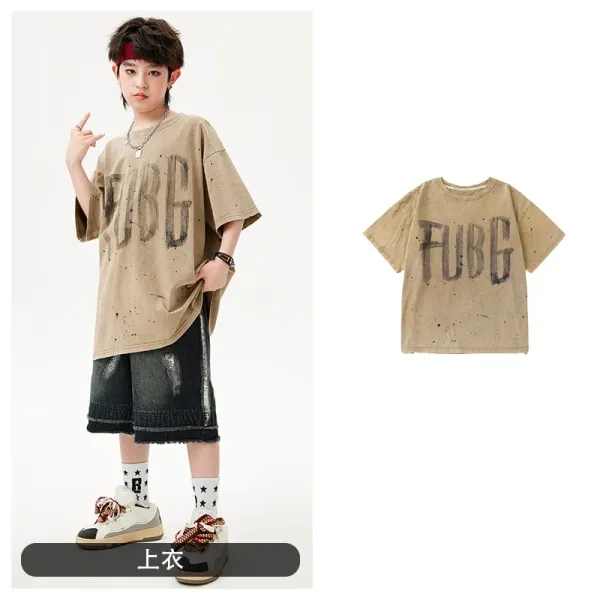 FUBG Distressed Graphic Print Beige Oversized T-Shirt - 1