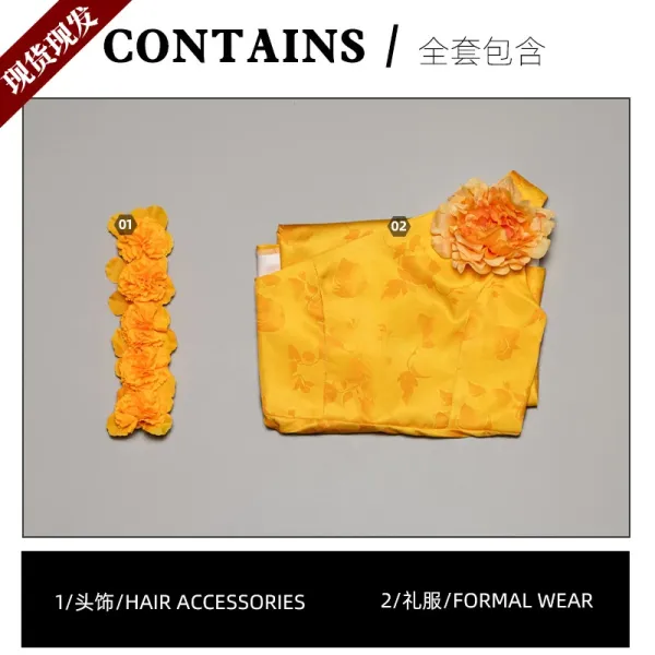 Traditional Chinese Formal Wear Set Yellow Floral Embroidery Dress and Hair Accessories - 1