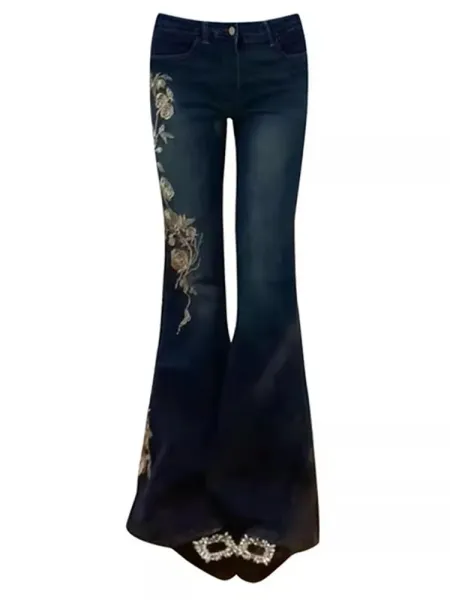 Embroidered Floral Flare Jeans Blue - 8