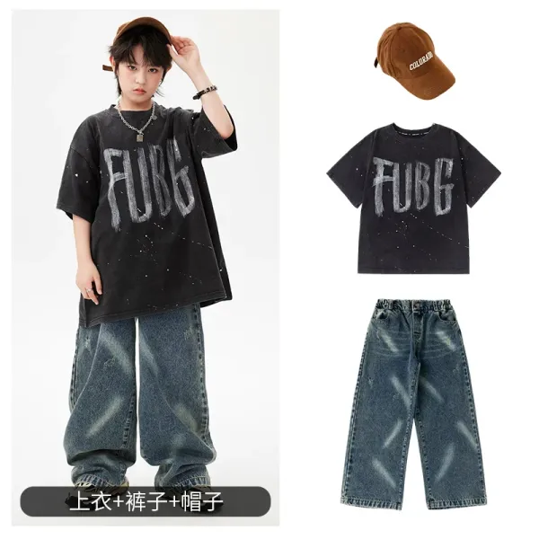 FUBG Graphic Print Oversized T-Shirt Black + Distressed Wide-Leg Jeans Blue + Colorado Baseball Cap Brown - 1