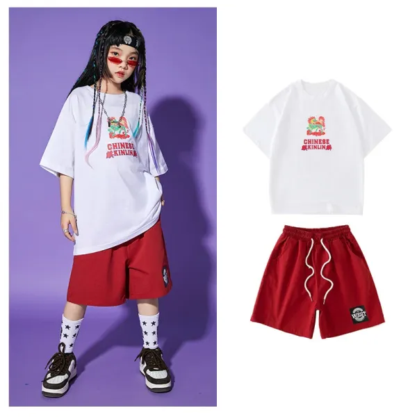 Chinese Kinlin x West T-Shirt and Shorts Set White Red Streetwear Casual Set - 1