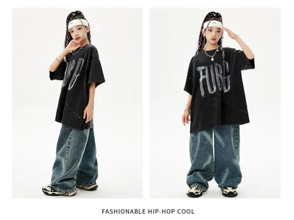 FUBG Graphic Print Oversized T-Shirt and Distressed Wide-Leg Jeans Set - 9