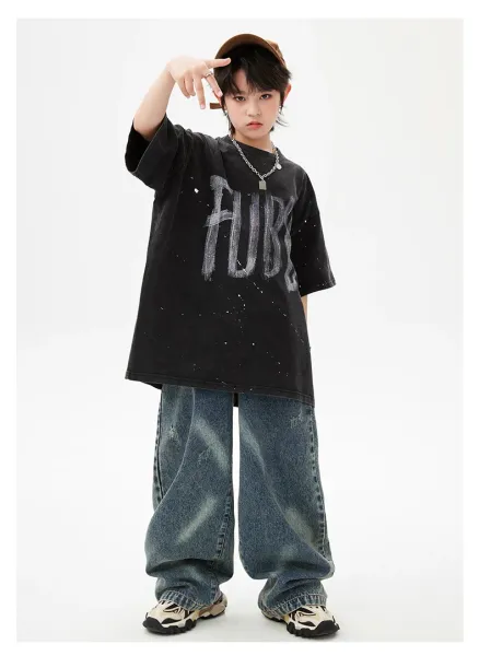 FUBG Graphic Print Oversized T-Shirt and Distressed Wide-Leg Jeans Set - 15