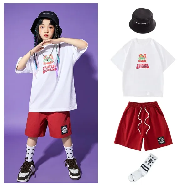 WEST x Chinese Kinline Dragon Print Oversized T-Shirt White + Red Drawstring Shorts Set - 1