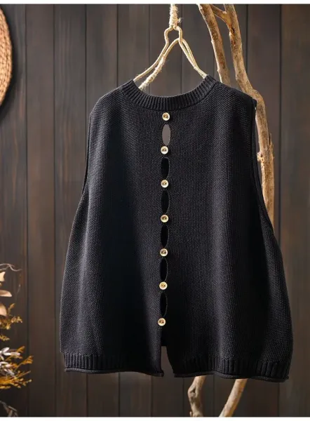 Knit Button-Front Vest Top in Black with Gold Buttons - 7