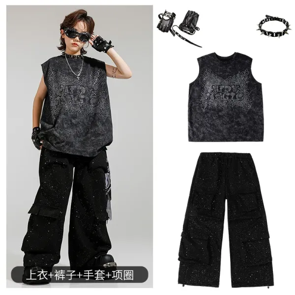 Design Streetwear Set: Acid Wash Rhinestone Vest Top + Cargo Pants + Spike Gloves + Choker Accessories - 1
