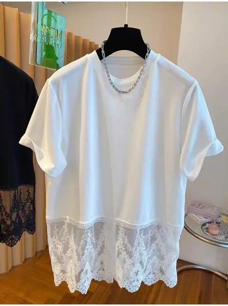 Lace-Trimmed Oversized T-Shirt White - 2