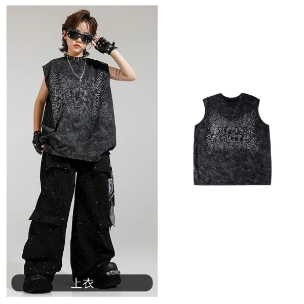 Design Acid Wash Rhinestone Graphic Vest-Top Black - 1
