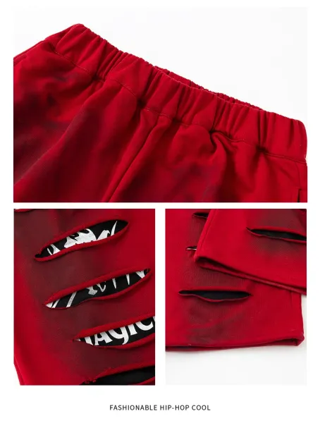 Design Streetwear Set: Dragon Print Hooded Vest + Distressed Red Wide-Leg Pants + Black-White Tassel Pendant - 20