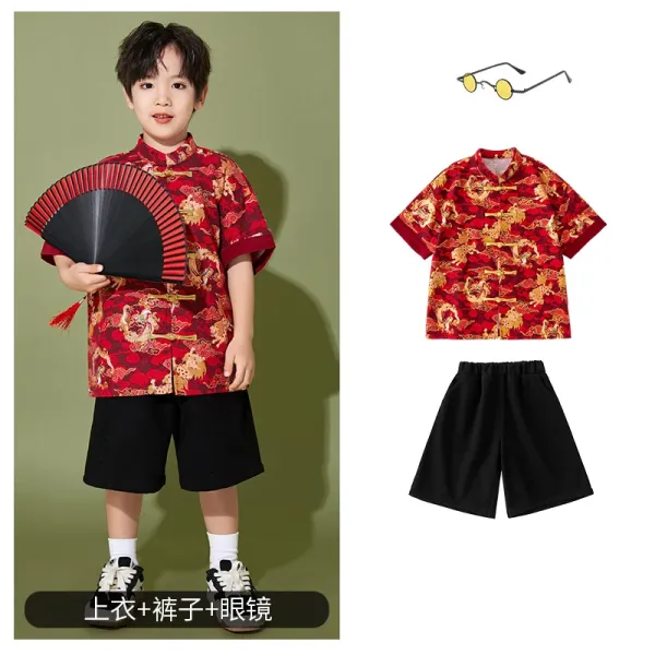 Traditional Chinese Dragon Print Shirt + Black Shorts + Yellow Lens Sunglasses Set - 1
