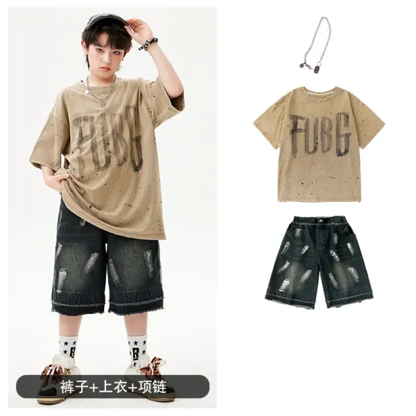FUBG Distressed Graphic Tee + Ripped Denim Shorts Set with Chain Necklace - 1